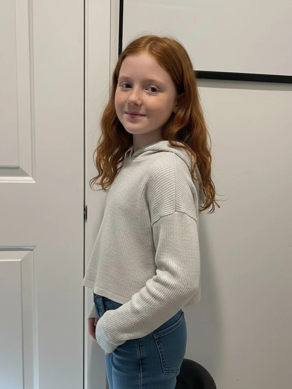 Old Navy Girls' Light Gray Hooded Waffle-Knit Pullover